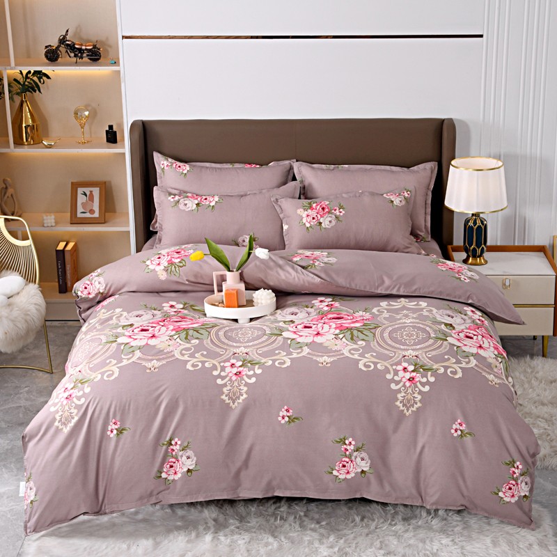 Linen Duvet Cover - 4pcs Mauve Base Rose Floral Bedding