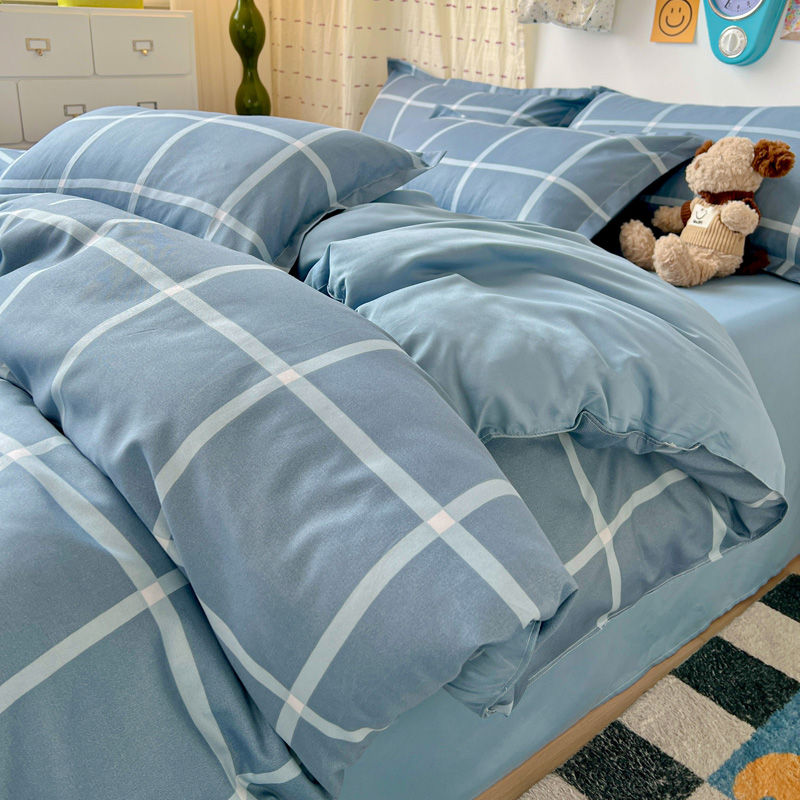 4PCS Light Blue Grid Bedding S – обзор и цена Linen Duvet Cover