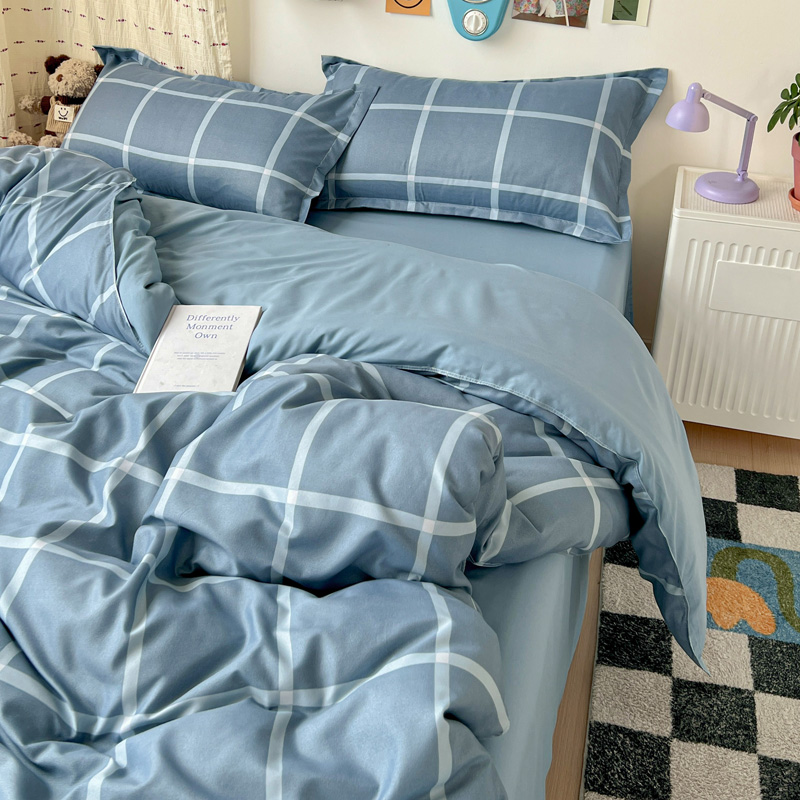 4PCS Light Blue Grid Bedding S – обзор и цена Linen Duvet Cover
